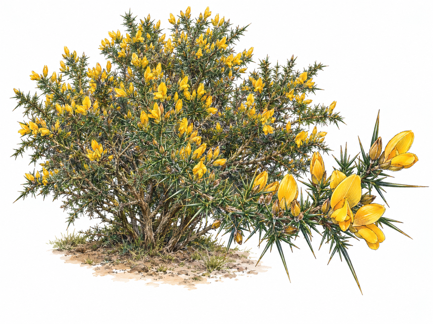 A compact flowering gorse shrub with a prominent foreground branch showing its stiff green spines and vivid yellow pea-shaped flowers.