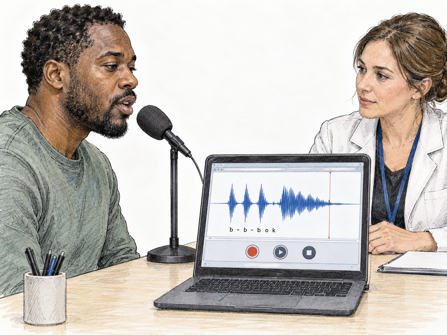 A speech recording captures repeated initial consonants.