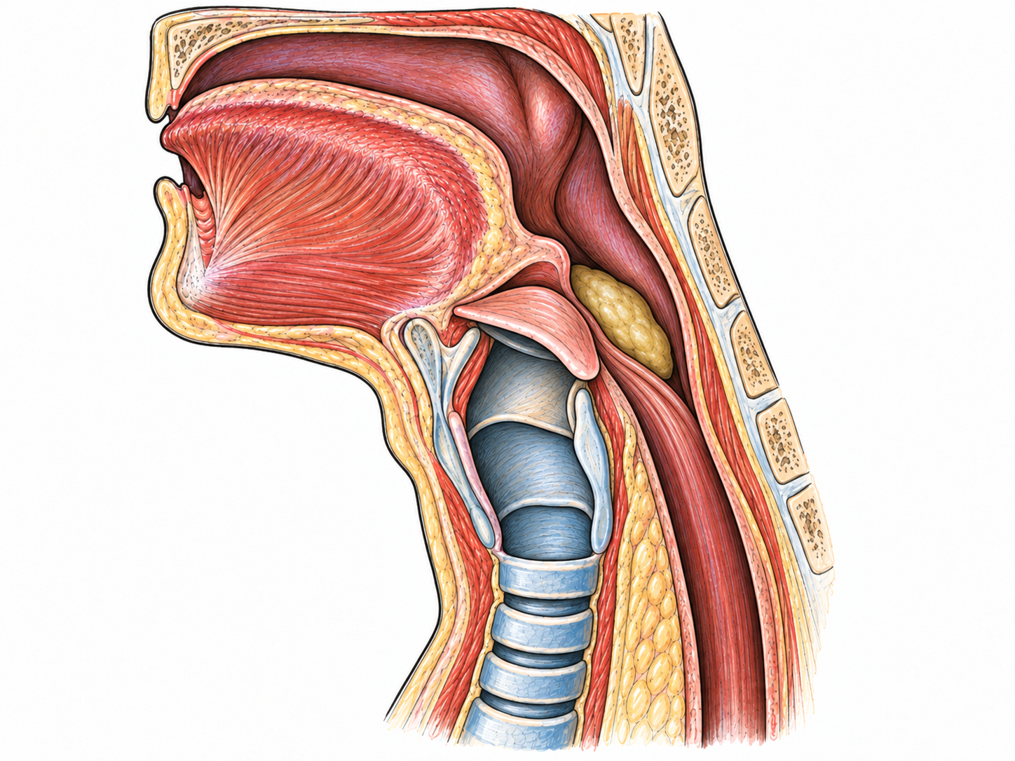 An isolated anatomical cutaway of the throat during swallowing, showing the epiglottis folded over the airway entrance while a small food bolus passes behind it into the esophagus.