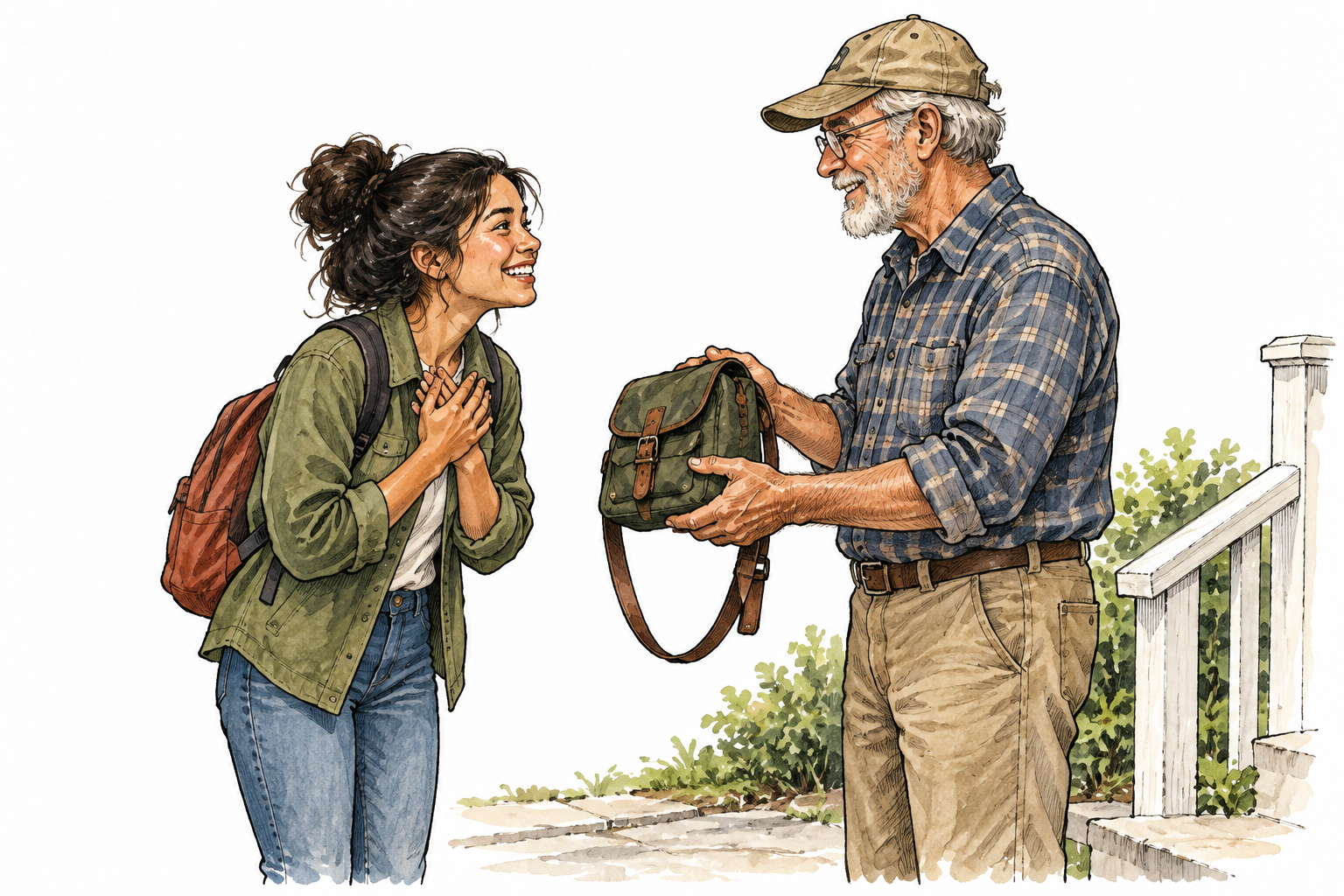 A grateful young adult warmly thanks an older neighbor who returned a lost bag.
