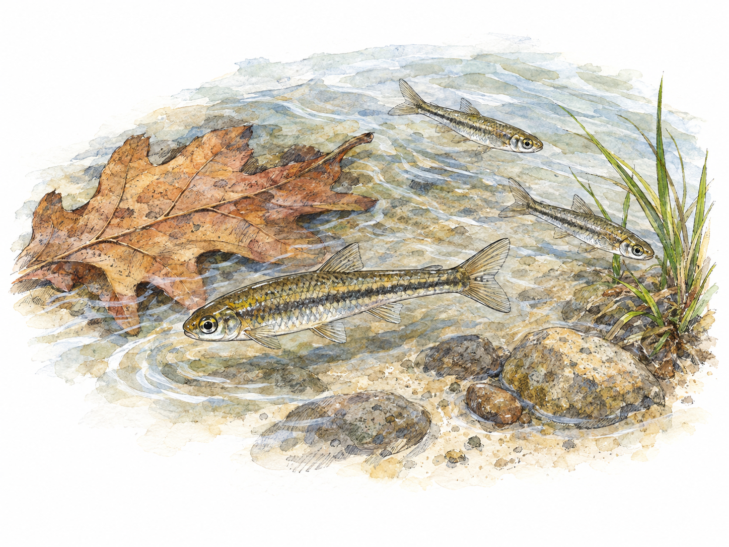 A few tiny minnows in a shallow freshwater stream margin, with one clearly outlined foreground fish beside an oak leaf for natural size comparison.