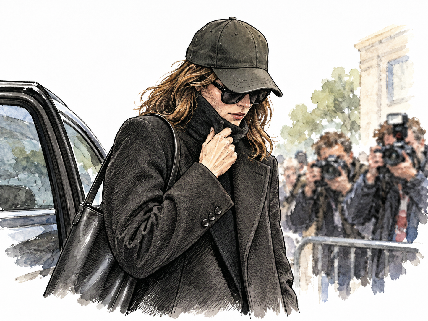 Famous-looking woman disguises herself in plain cap dark glasses and coat, no real celebrity.