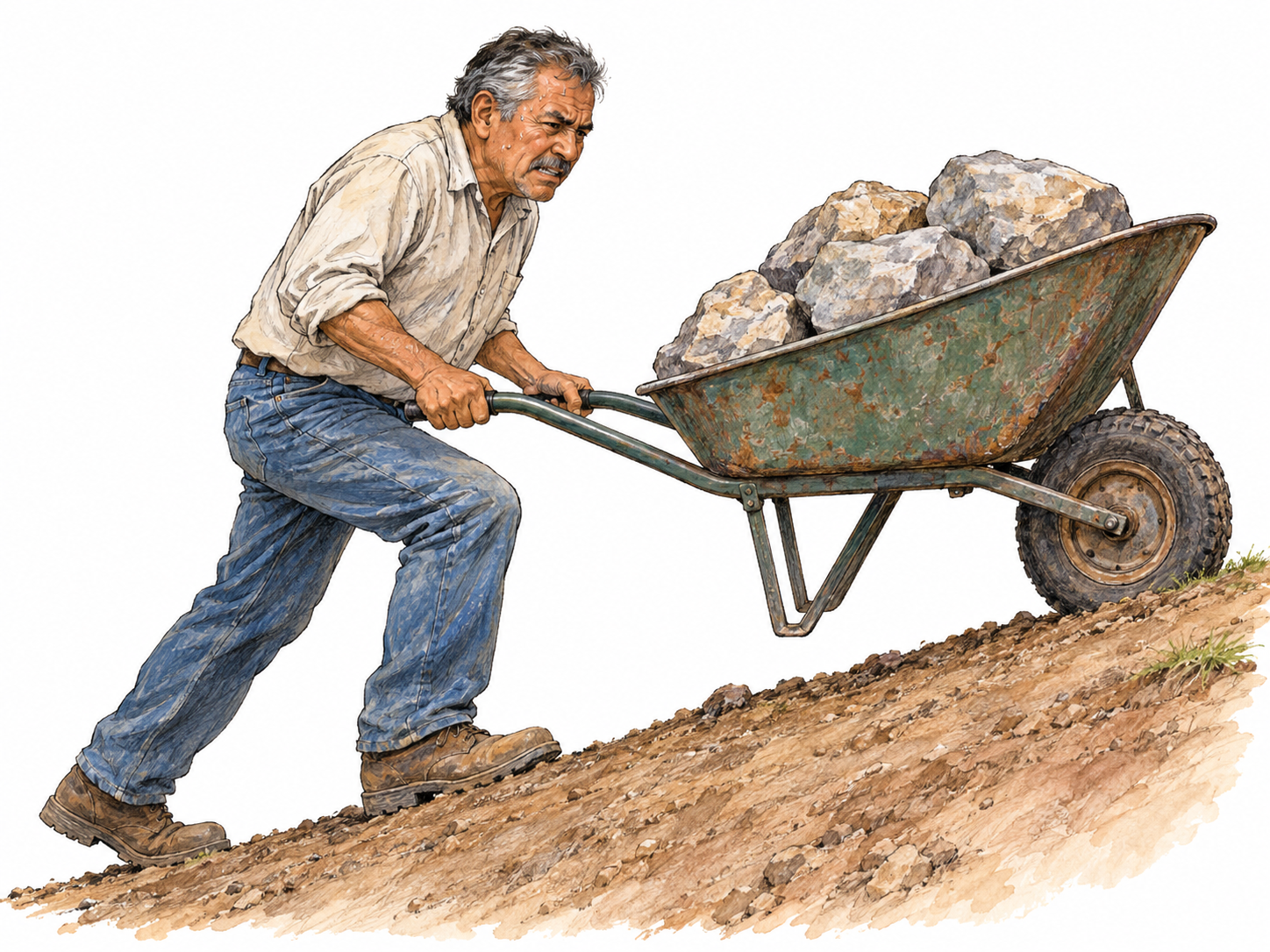 An older man strains to push a heavily loaded wheelbarrow uphill, making the physical effort visible through his braced posture, tense arms, and exerted expression.