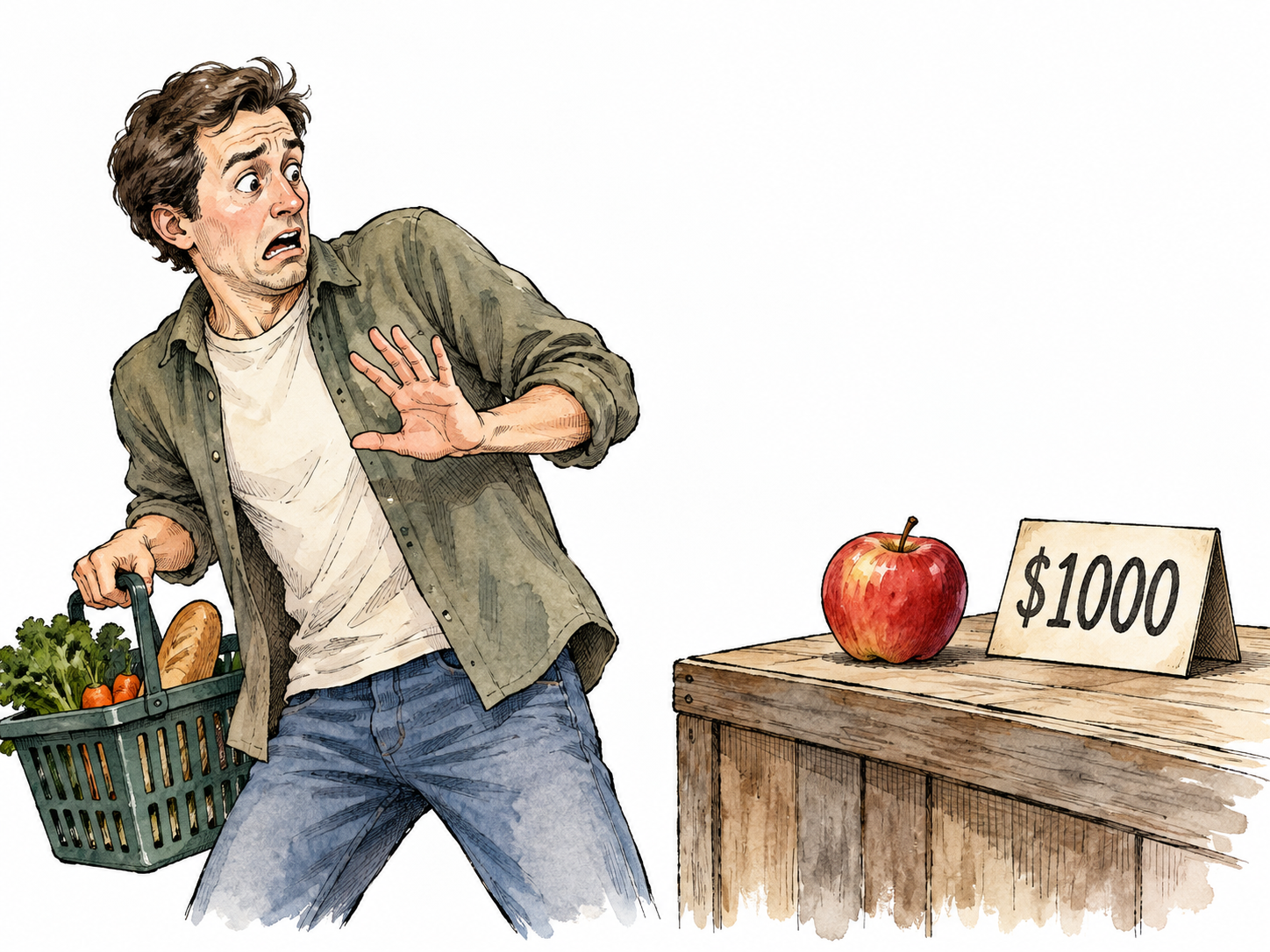 A customer recoils at a plain apple marked exactly $1000, clearly excessive price.