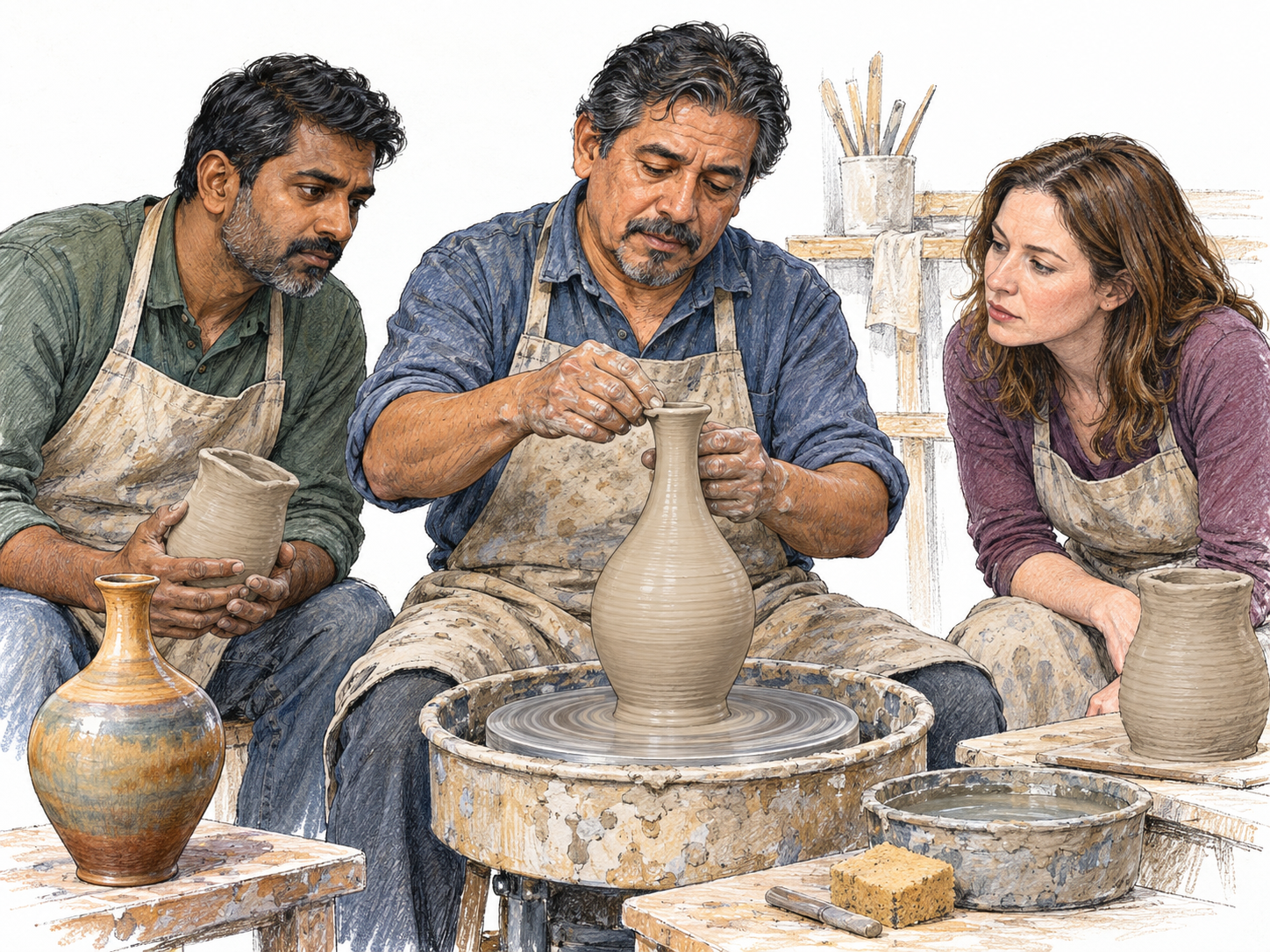 A respected master potter demonstrates a difficult ceramic technique while two adult potters gather closely to study his hands and compare their unfinished work with his finely crafted vessel.