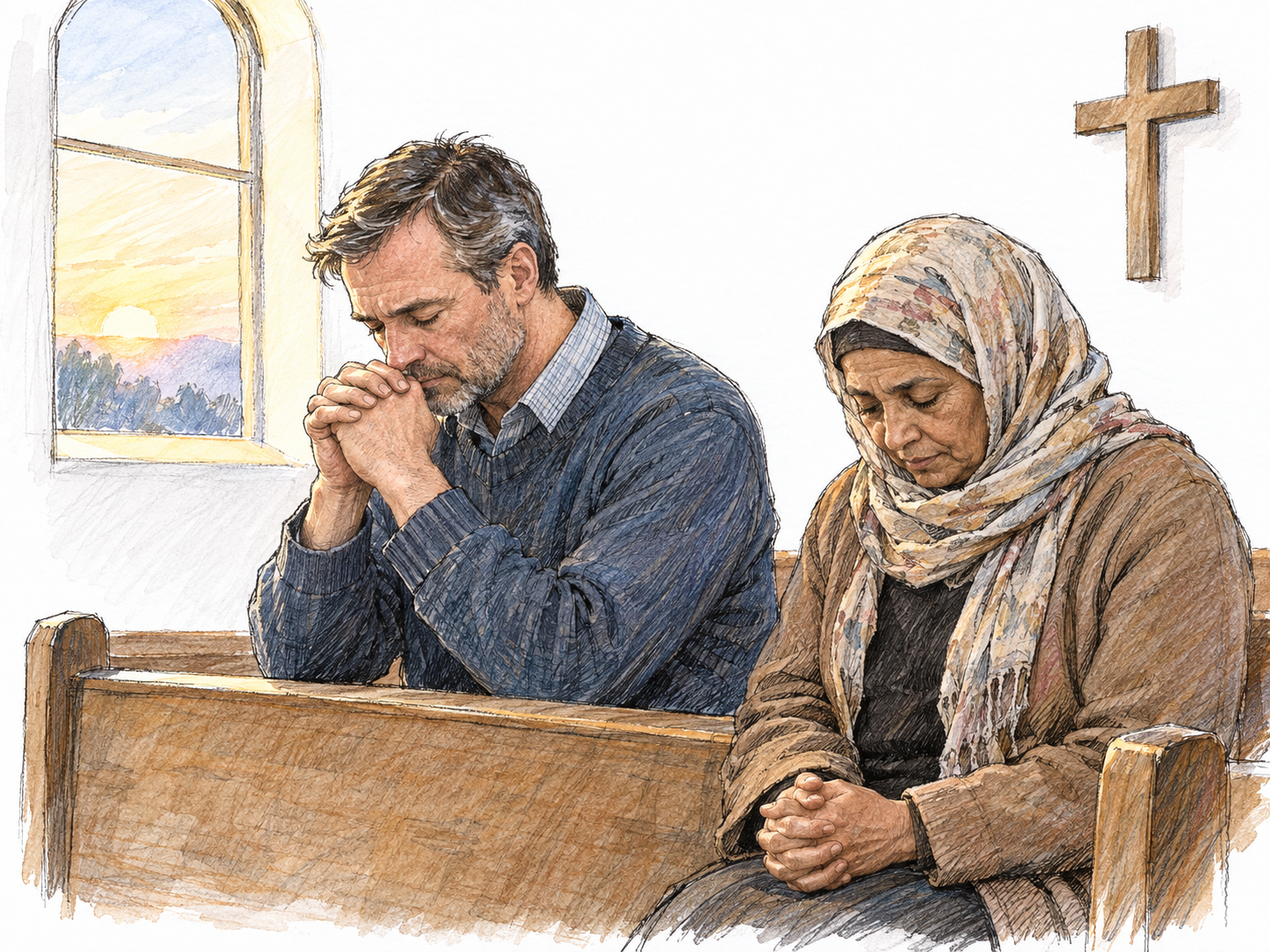 Two worshippers quietly say morning prayers in a small modern church, with early sunlight entering through a simple window and a plain cross establishing the setting.