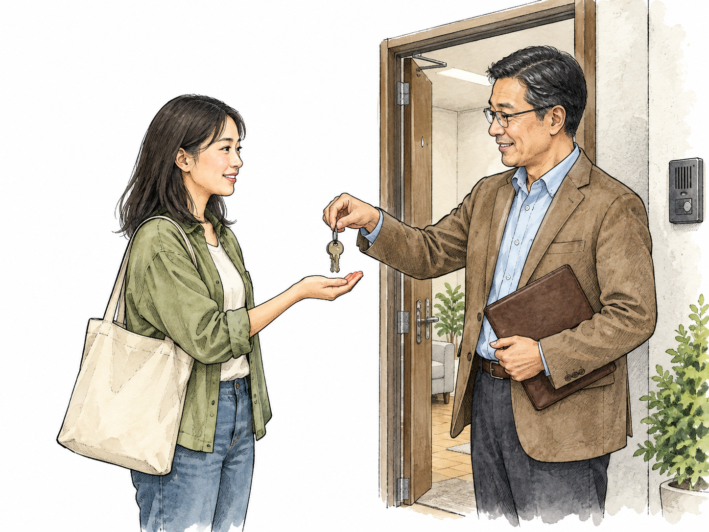 An East Asian tenant receives apartment keys from a landlord at the entrance.