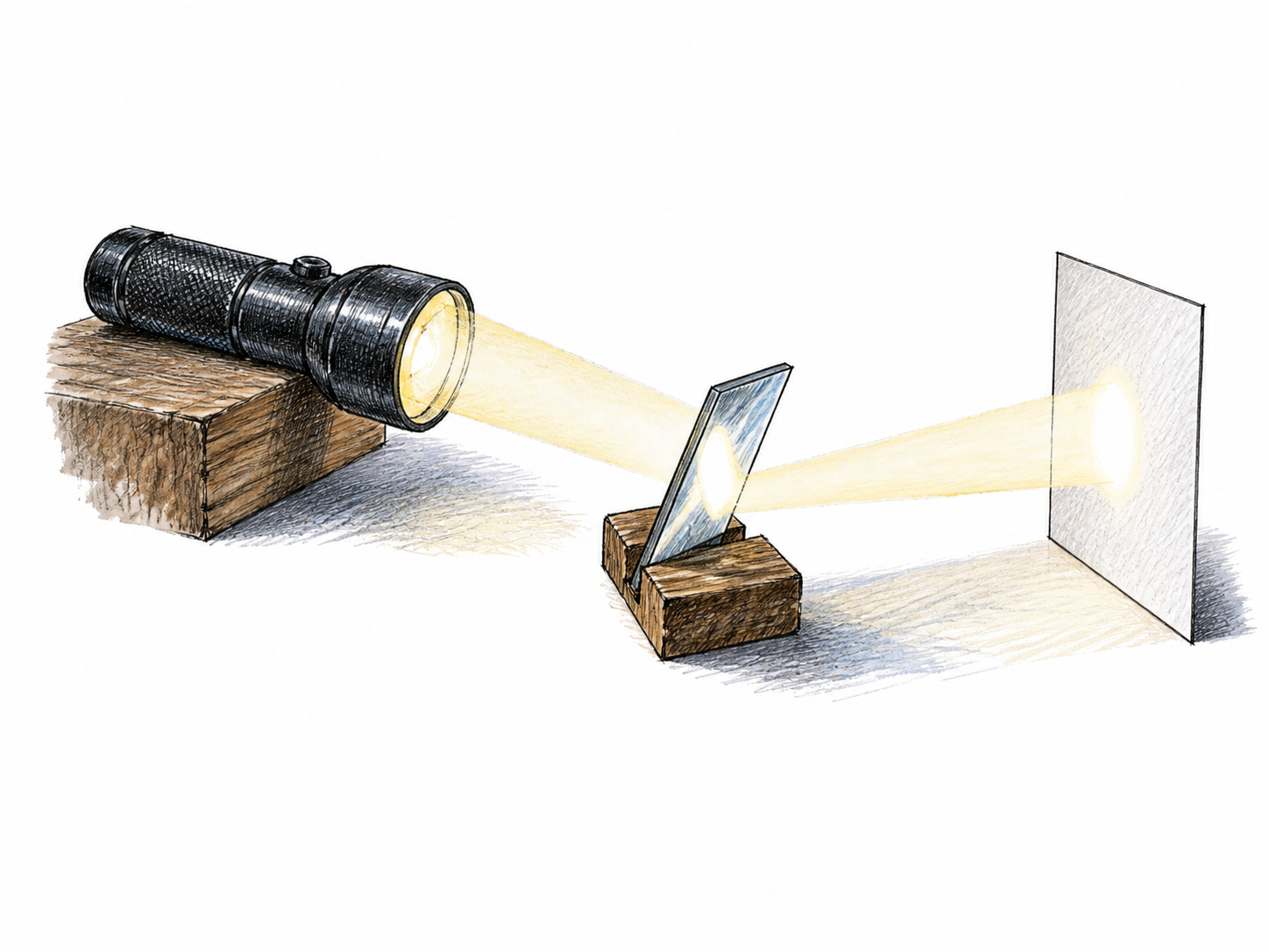 A small tilted mirror throws a narrow beam from a flashlight onto a white card; incident and reflected light meet at the mirror, clean physical arrangement, no arrows or labels.