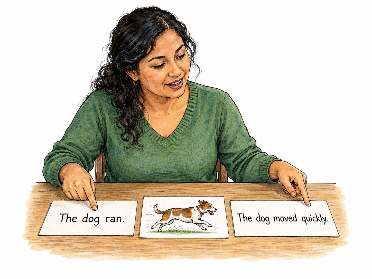 A teacher restates a simple sentence on two small cards laid side by side on a desk: left card says only “The dog ran.” and right card says only “The dog moved quickly.” A single small drawing of the same running dog appears between them; teacher gestures from one wording to the other.