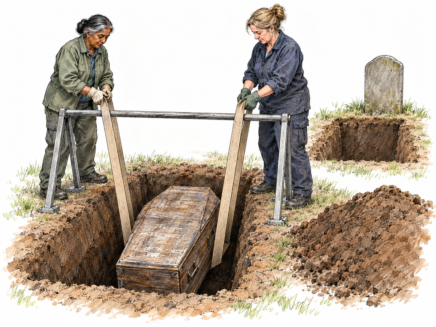 Two cemetery workers respectfully lower a closed, weathered coffin recovered from an old grave into a freshly dug grave nearby.