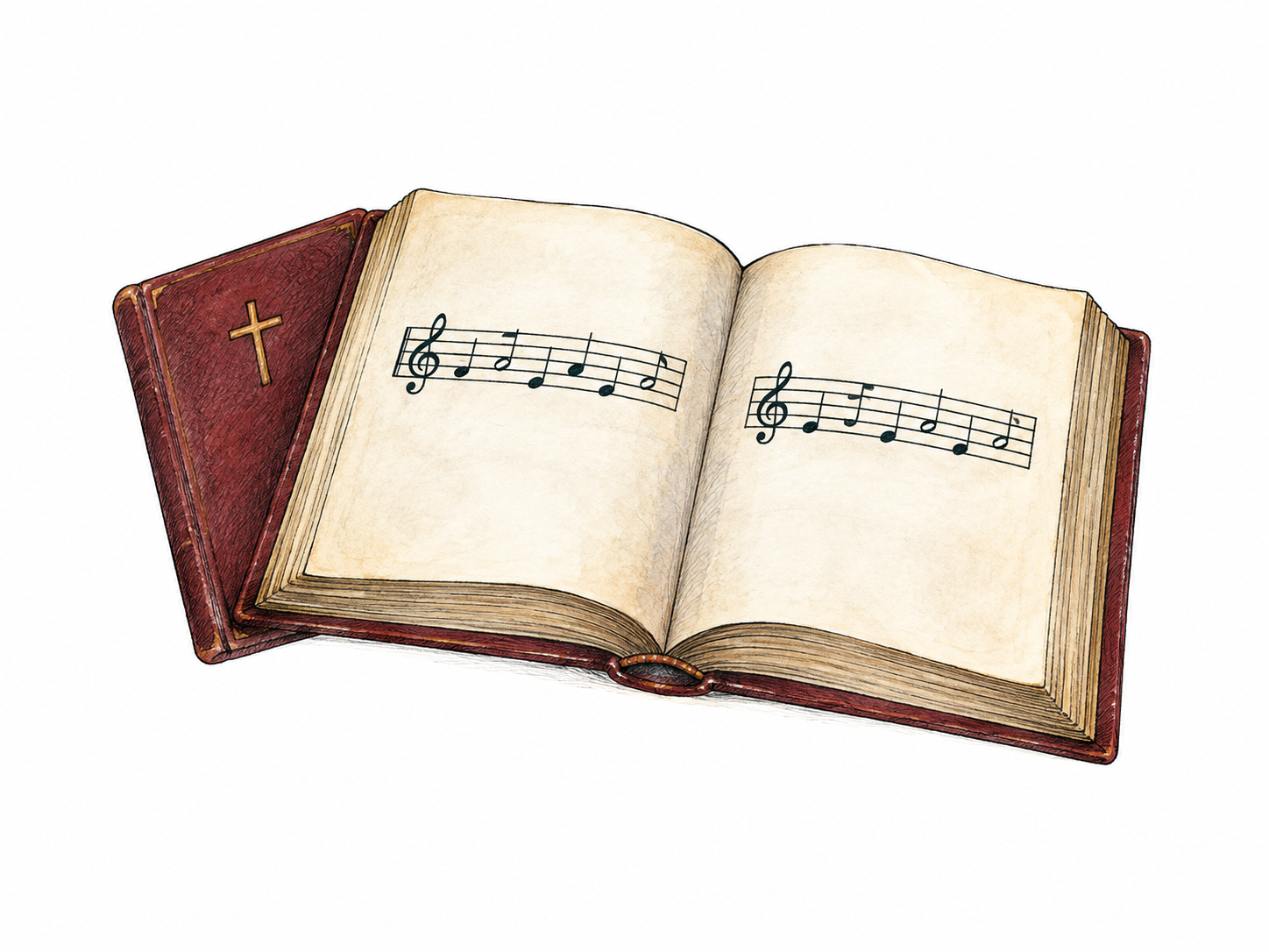 Open hymn book with a small cross on visible cover and exactly two short five-line musical staves with simple notes on pages, no title, lyrics or other words.