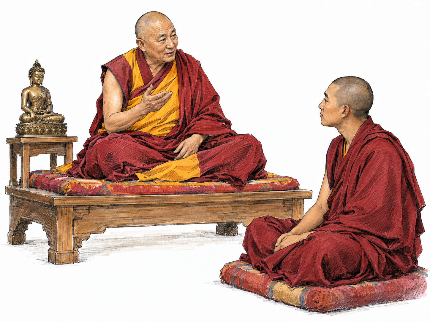 A Tibetan Buddhist lama in maroon and saffron monastic robes sits on a low teaching platform, instructing a younger Tibetan monk who listens attentively below.