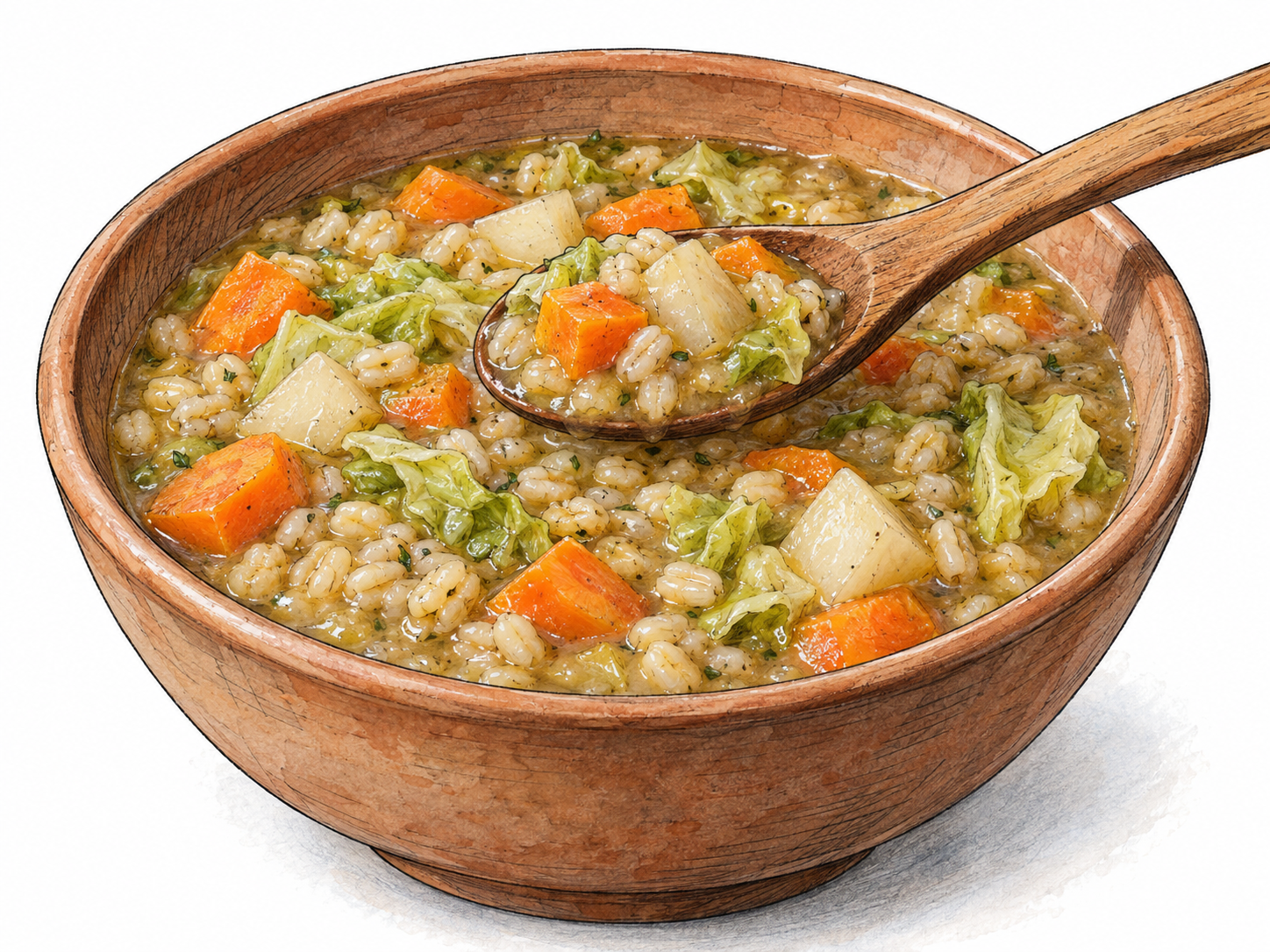 A close view of a plain earthenware bowl filled with thick vegetable-and-barley stew, with a spoonful lifted just above the surface to make the vegetables, grains, and dense consistency immediately visible.