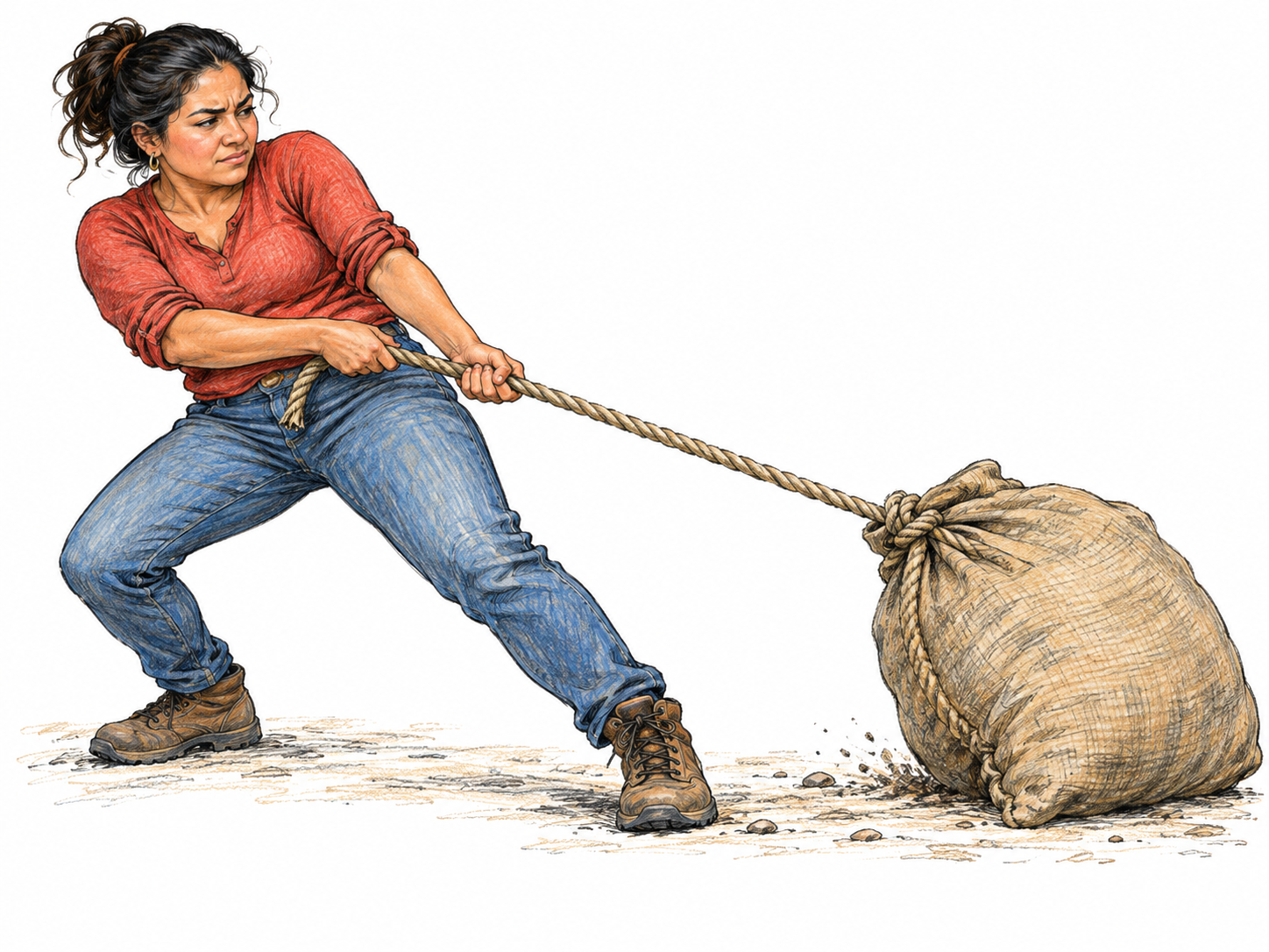 A woman gives a stubborn rope a strong quick pull to shift a heavy sack slightly across the ground; taut rope, bent elbows and braced feet convey a tug.