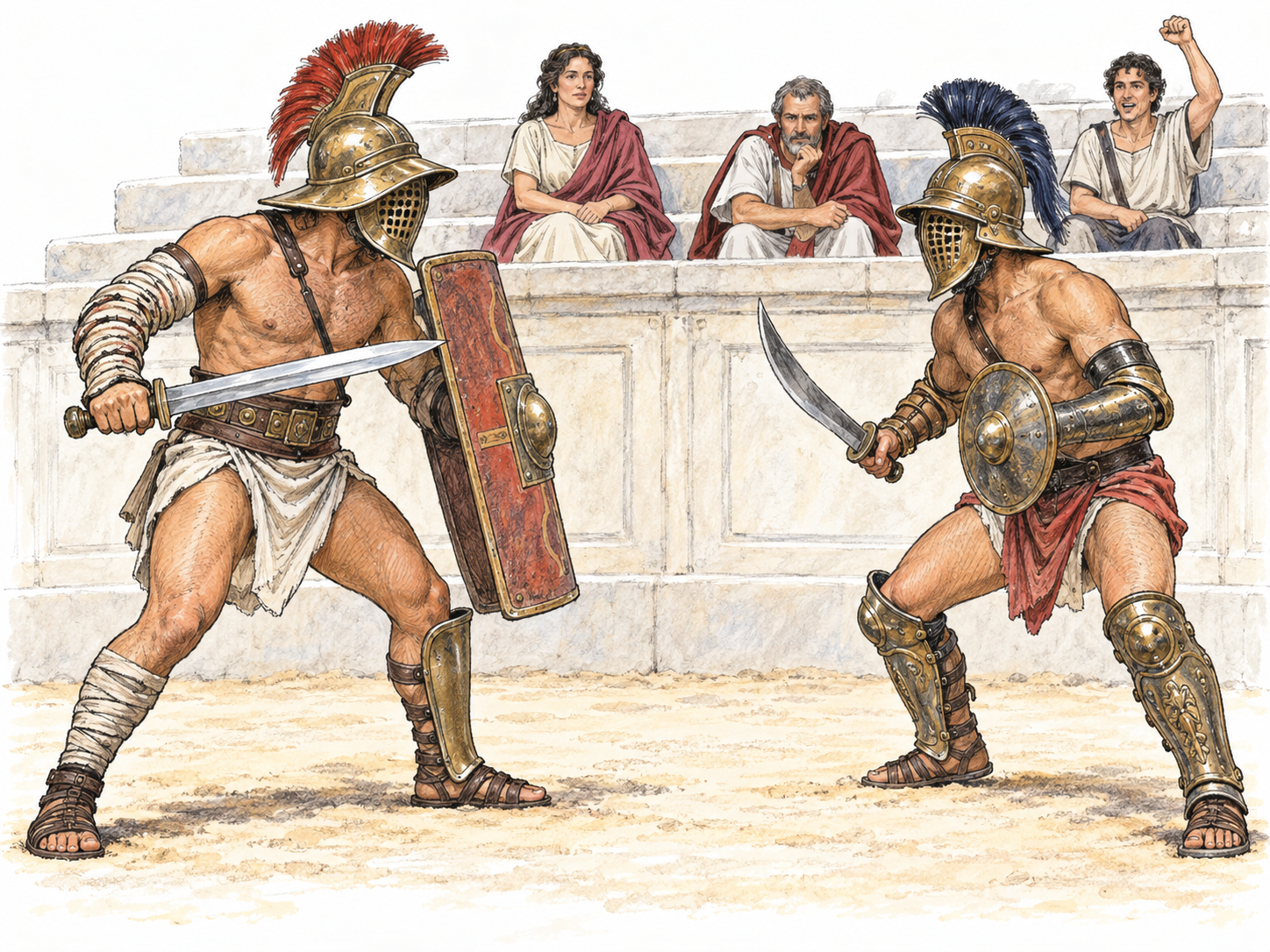 Two ancient Roman gladiators face each other with swords and shields on an arena's sand, while a small visible audience watches from behind the arena parapet.