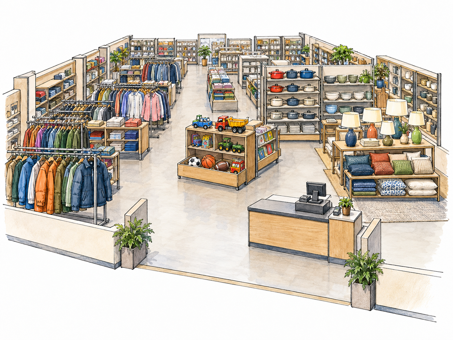A simplified cutaway of one large modern store, with broad connected aisles and distinct displays of clothing, cookware, toys, and lamps.