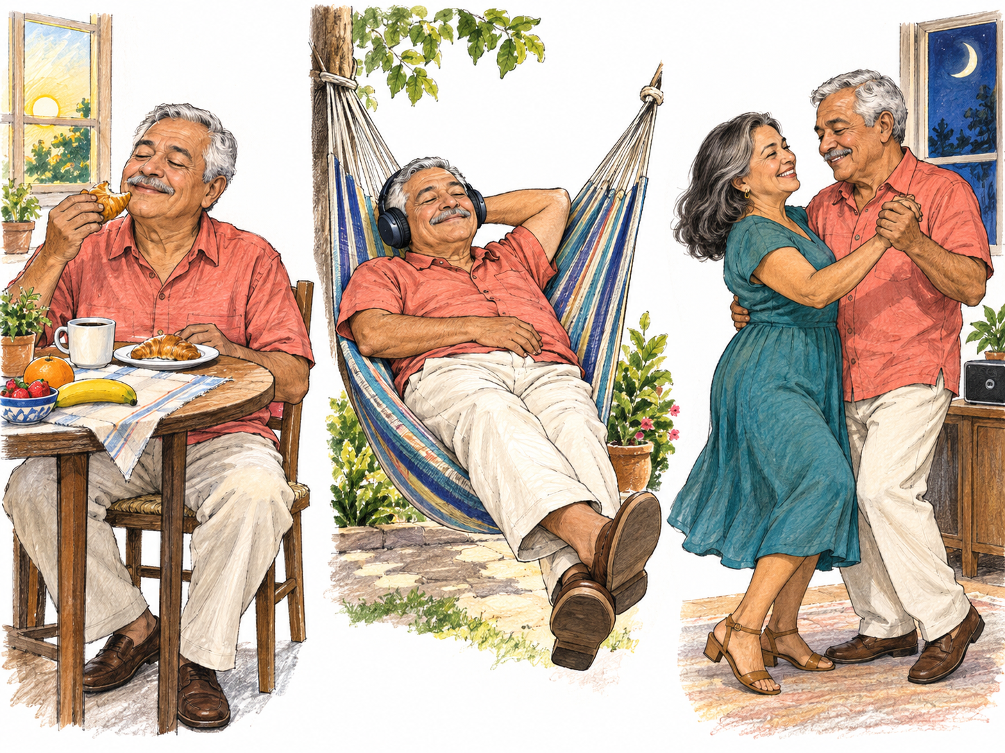 A compact morning-to-night sequence follows the same man savoring food, luxuriating in music and physical comfort, and dancing joyfully with his partner.