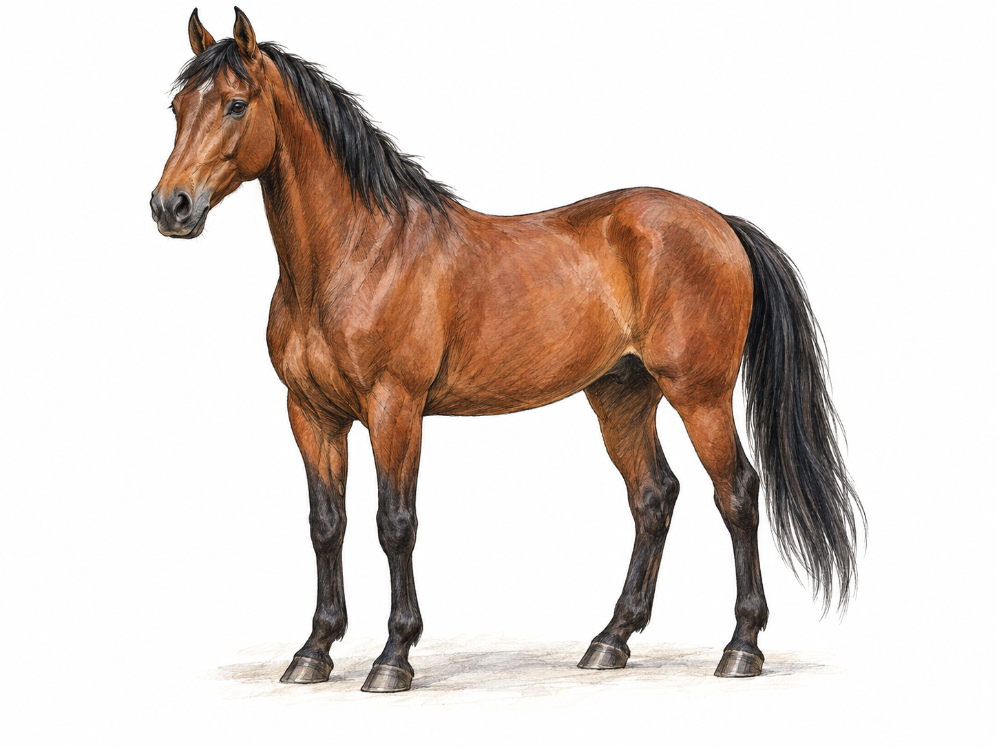 A clear three-quarter view of a horse, emphasizing its characteristic long muzzle, upright ears, mane, powerful legs and single hooves to make horse-like anatomy immediately recognizable.