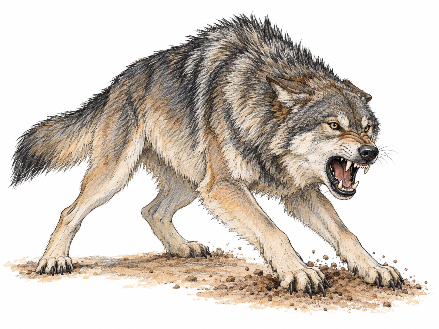 A snarling wolf lunges forward with bared teeth, flattened ears, and braced claws, expressing fierce, uncontrolled aggression without depicting injury.
