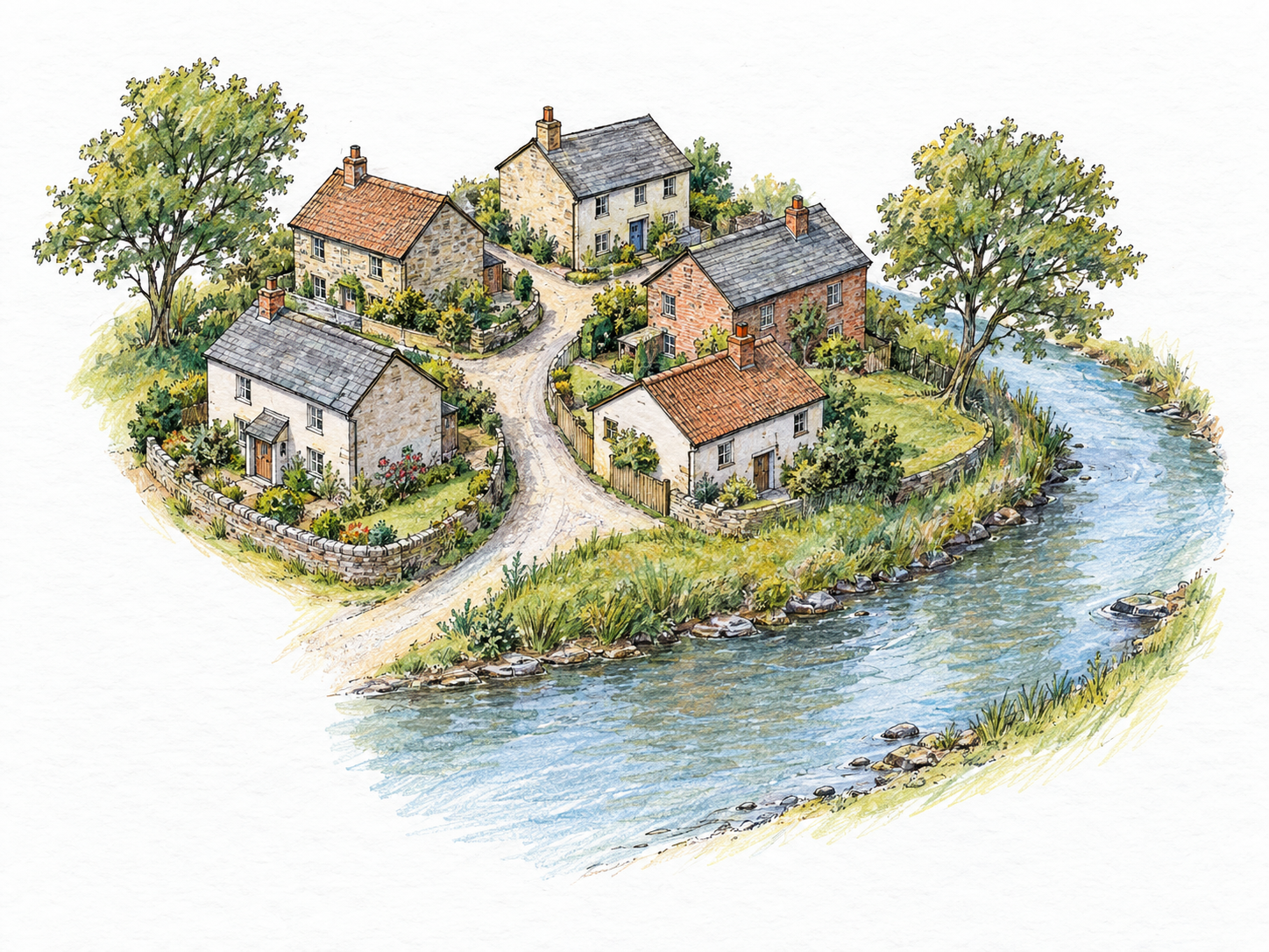 A compact riverside locality: a small cluster of houses grouped around one branching lane beside a bend in a river, presented as one recognizable, particular area without people or map labels.