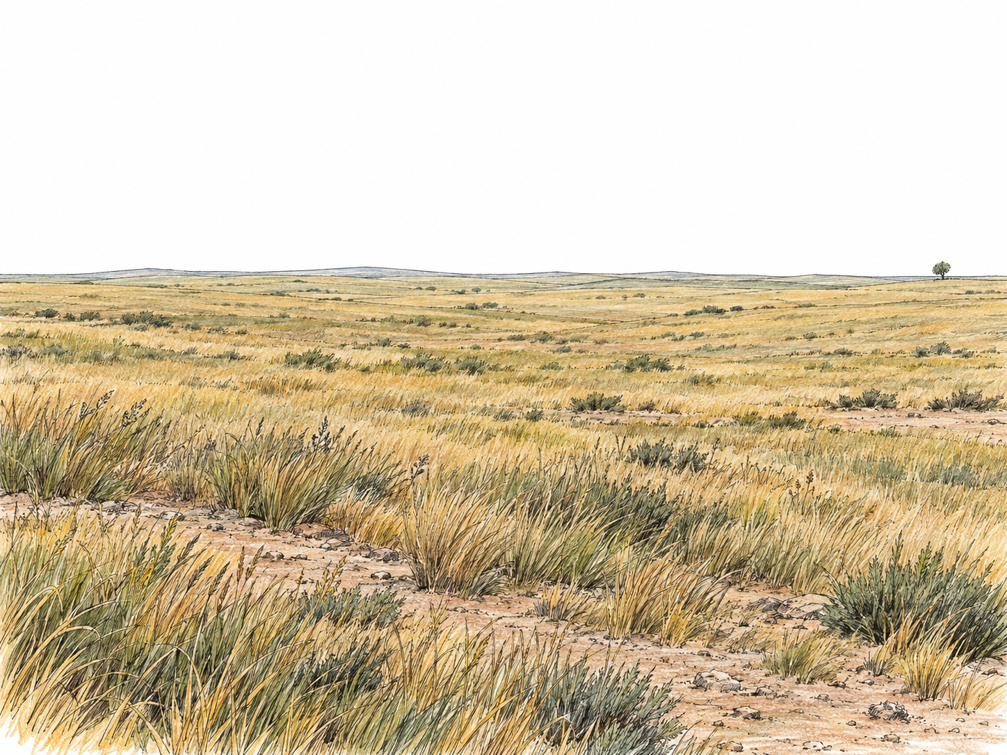An immense, nearly treeless dry grassland, with tawny short grasses extending across a broad, gently rolling plain to a distant low horizon.