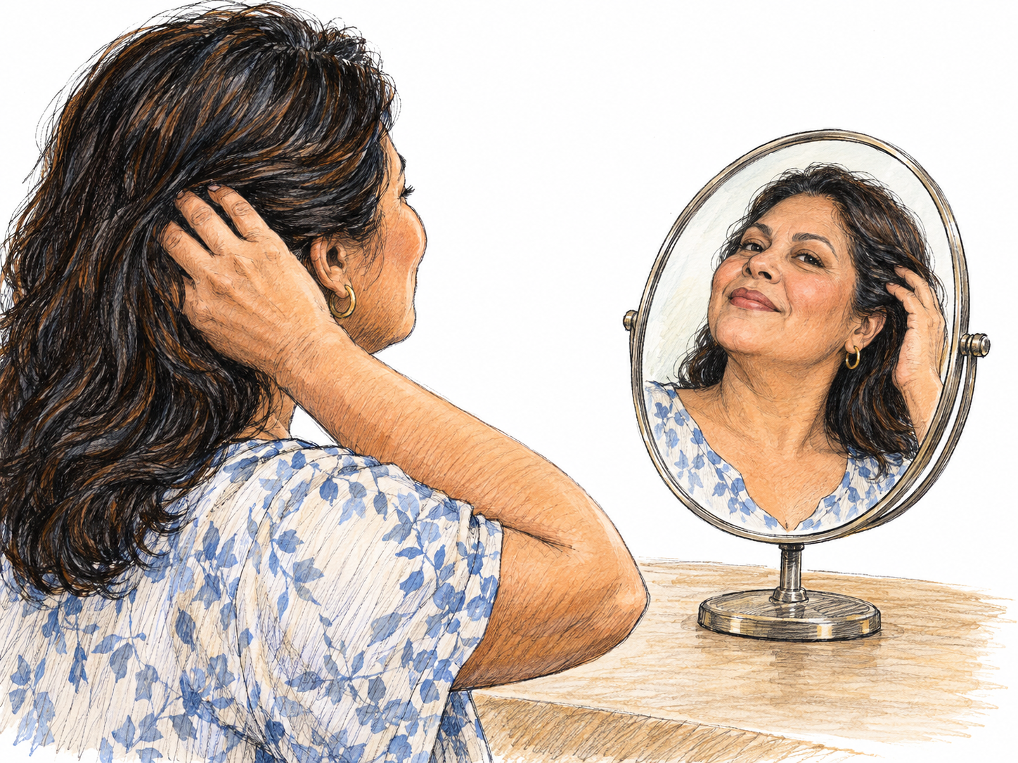 A middle-aged Latina woman carefully smooths her hair while admiring herself in a small tabletop mirror, her upright posture and pleased smile conveying obvious self-satisfaction.