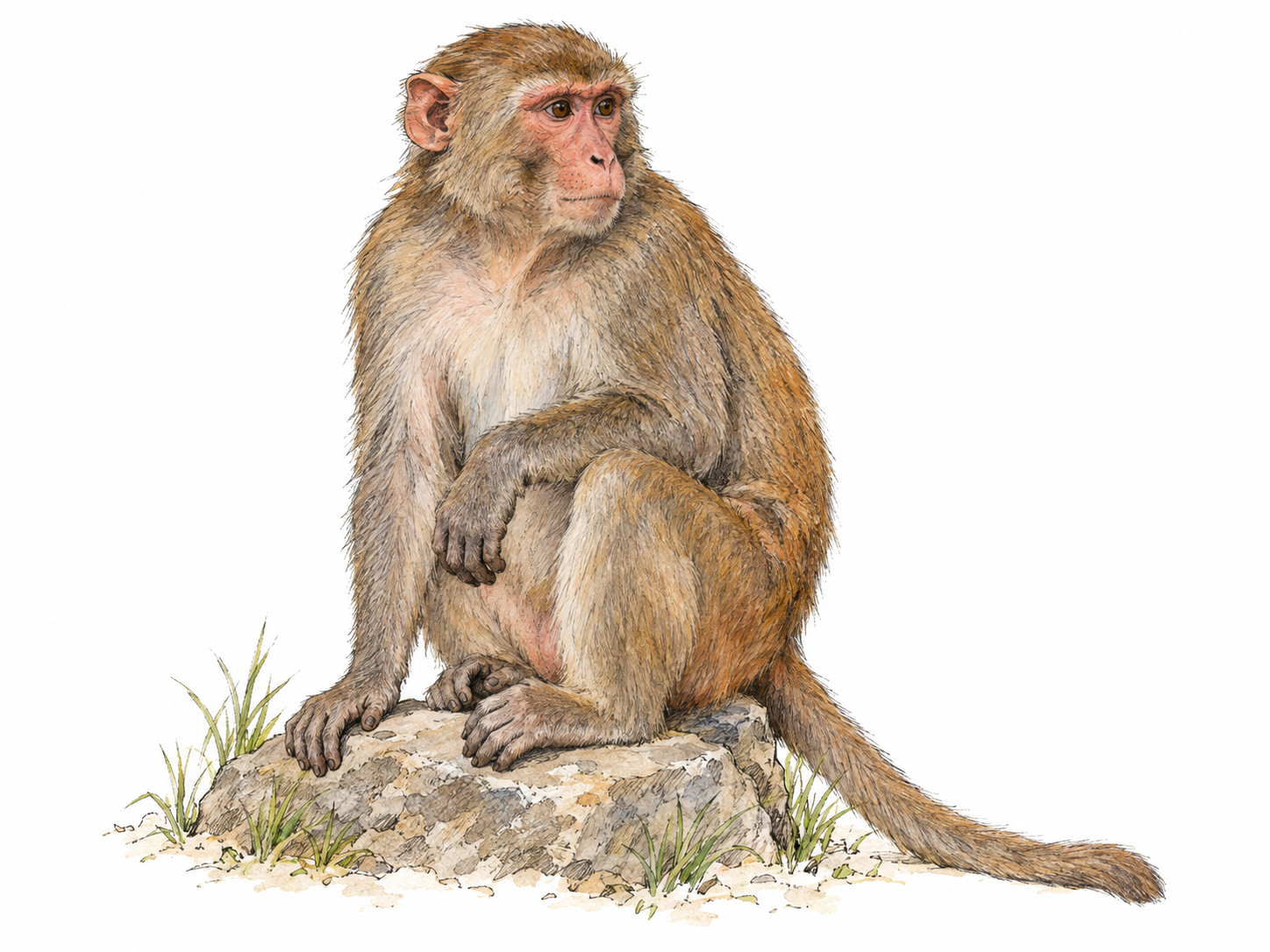 A single rhesus macaque seated naturally on a low rock, shown in three-quarter view with its pinkish bare face, brown-gray coat and medium-length tail clearly visible.