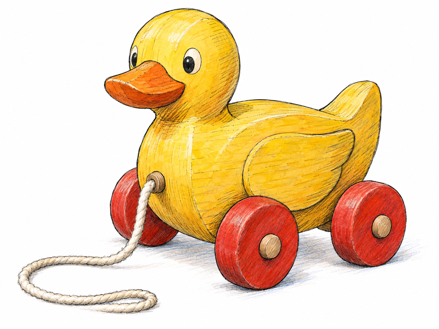 A small, brightly painted wooden pull-along duck with chunky wheels and a loose pull cord, shown alone as an unmistakable child's plaything.