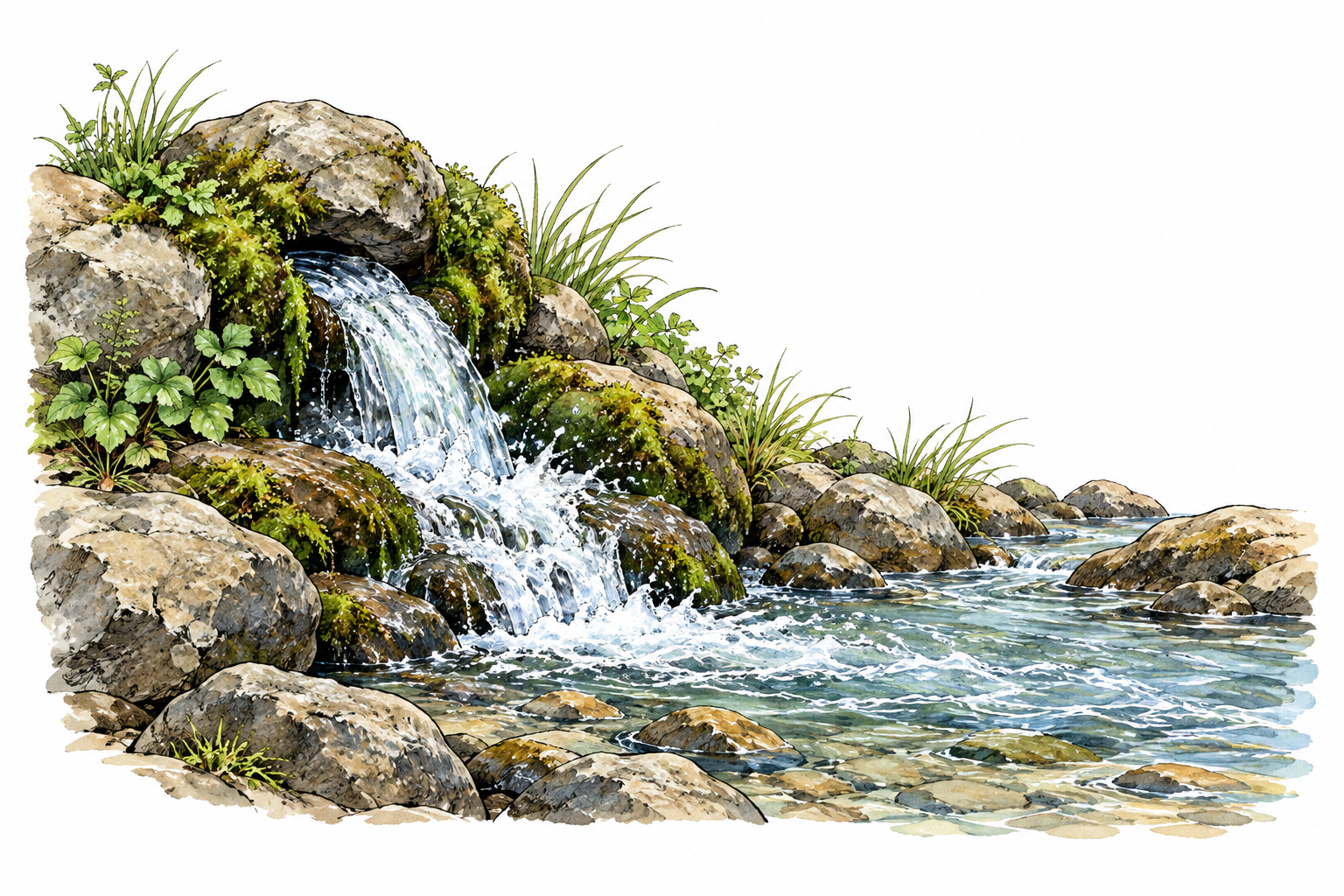 Clear abundant water emerges from a rocky spring and flows into stream.