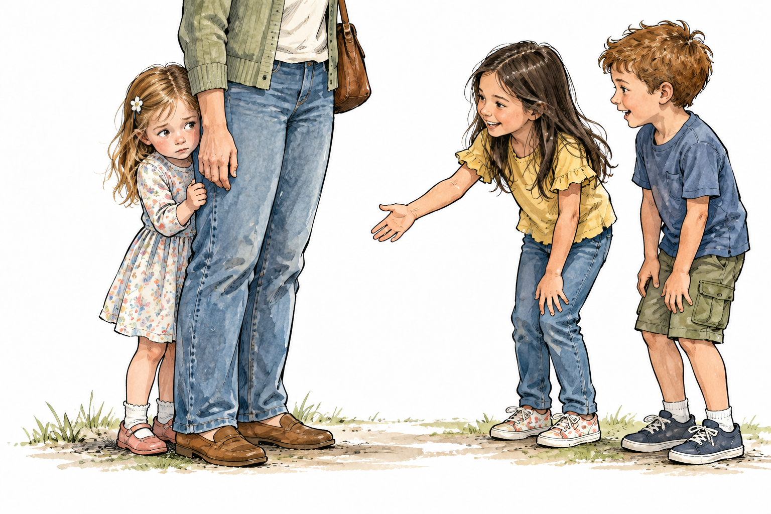 A shy young white girl stands timidly behind a parent while meeting new children, gentle anxious body language.