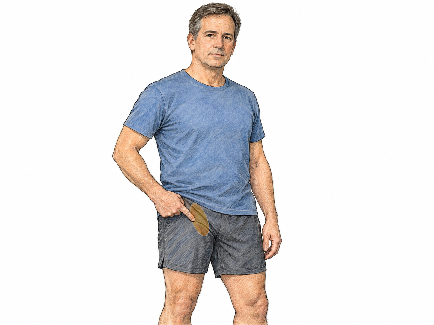 A clothed adult man indicates the groin at the junction of his lower abdomen and upper inner thigh, making the anatomical region clear without nudity.