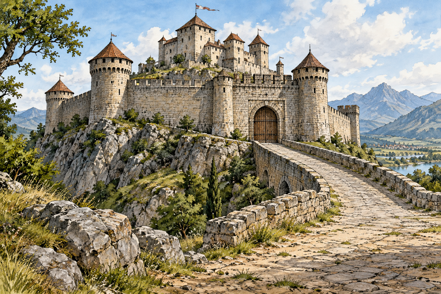Sturdy stone military fort on hill with defensive walls corner towers and closed gate, no modern battle.