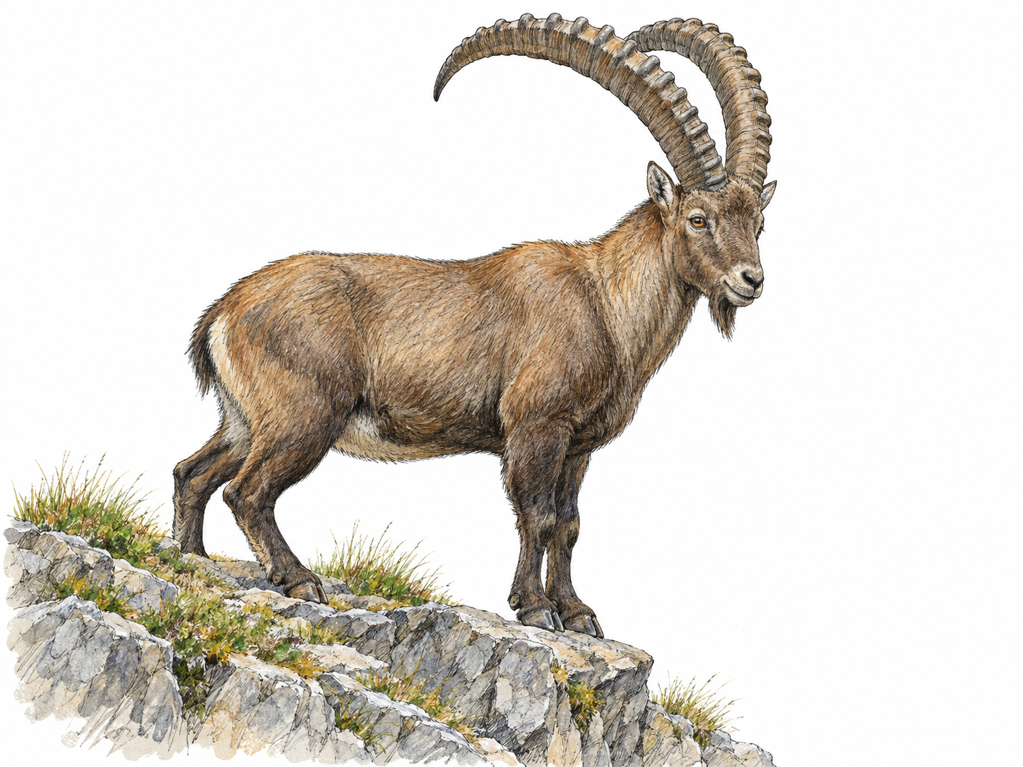 A mature male Alpine ibex stands in clear side profile on a steep rocky ledge, displaying its exceptionally long, ridged horns sweeping backward over its shoulders.