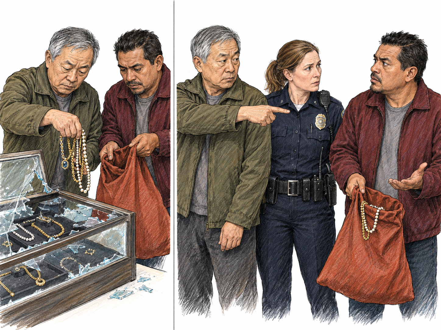 A compact two-panel scene shows a participant in a jewelry theft turning informer against his own accomplice.