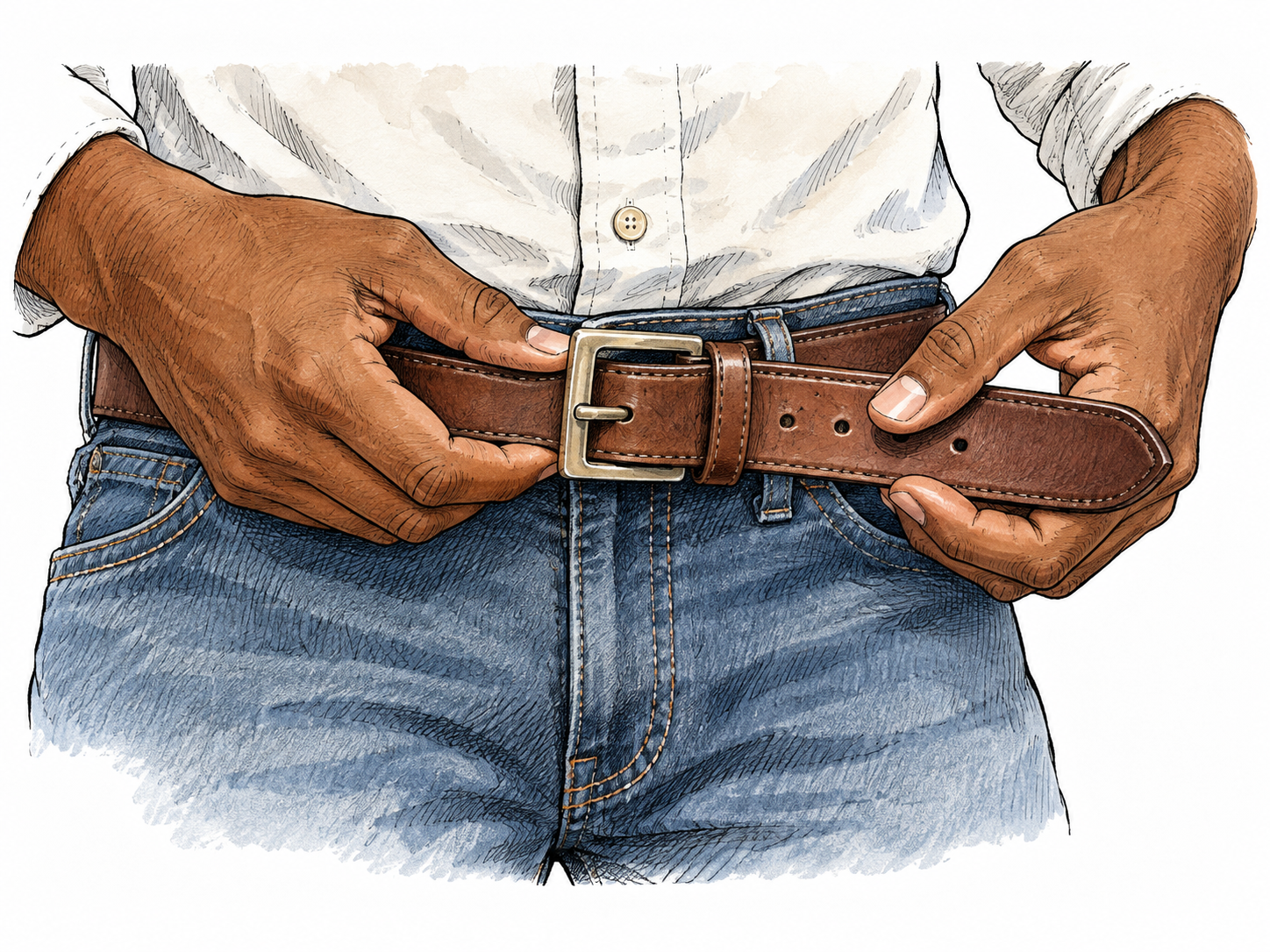 Brown hands thread leather belt through metal buckle and fasten it.