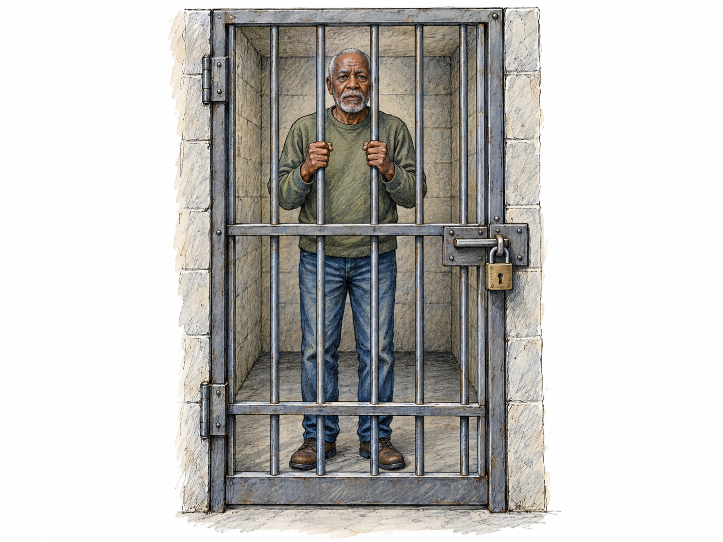 An older man confined behind a closed barred cell door, with a prominent external padlock visibly preventing him from leaving.