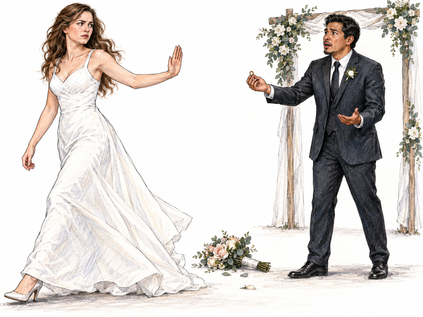 A bride abruptly walks away from her groom during their wedding ceremony, holding up a rejecting palm while he remains beneath the small floral arch with the wedding ring extended.