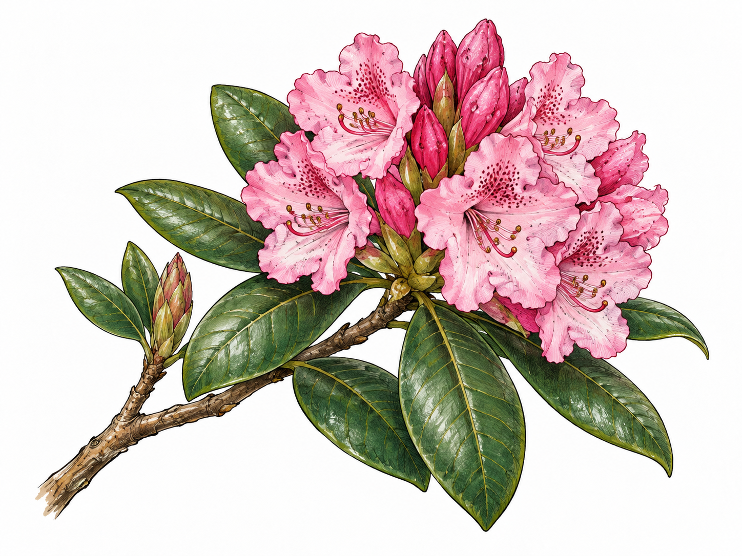 A rhododendron shrub branch with a large rounded cluster of showy pink trumpet-like blossoms and broad leathery evergreen leaves, botanical drawing.
