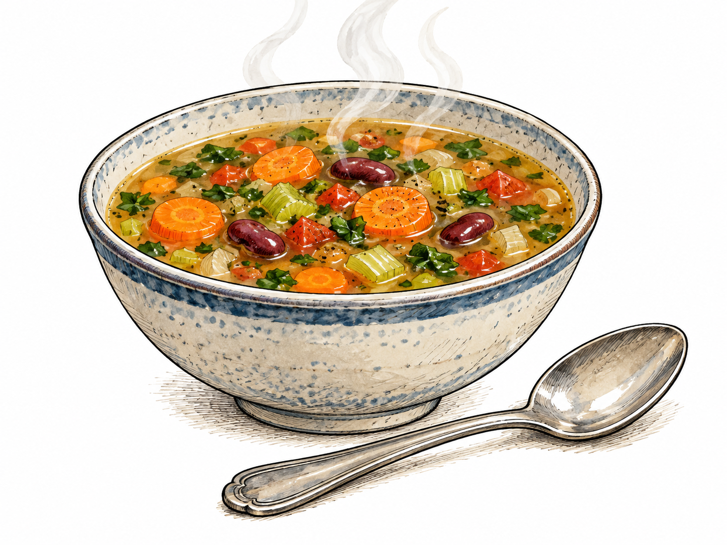 A steaming bowl of vegetable soup with visible carrots, beans and broth, spoon resting nearby.