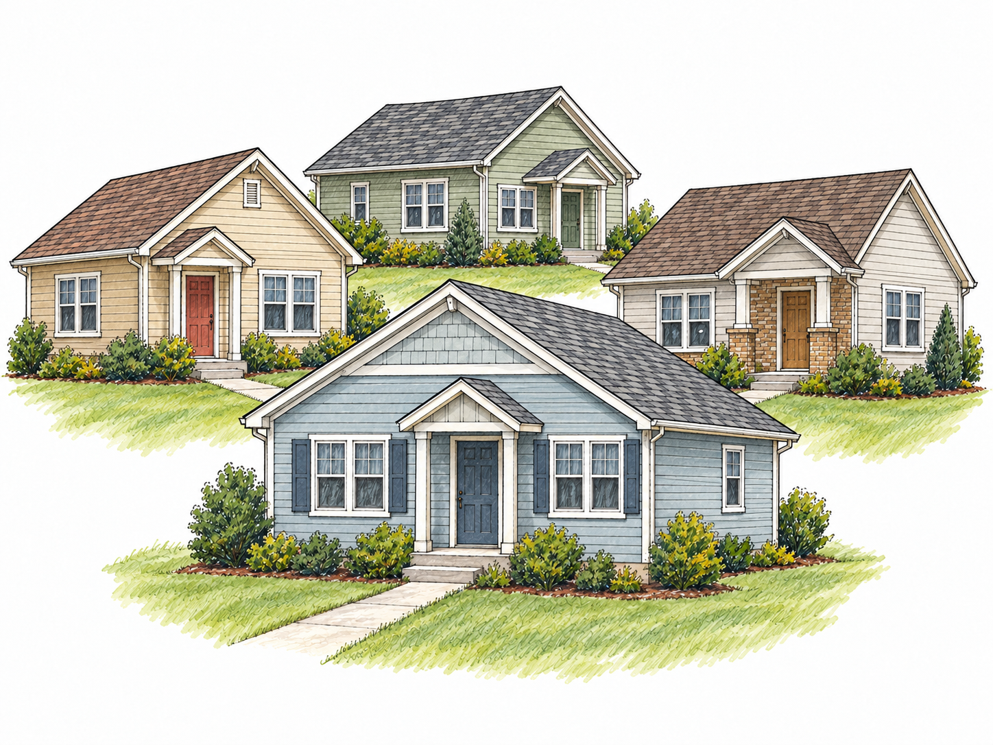 A representative suburban house in the foreground shares the ordinary features of the neighboring houses: modest size, pitched roof, front door, paired windows and small lawn.