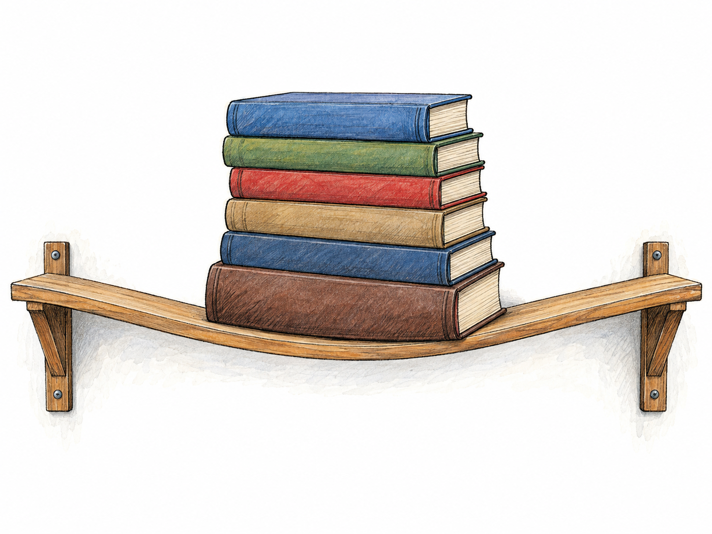 A thin wooden shelf bends visibly downward beneath a heavy stack of books at its center, while its supported ends remain level.