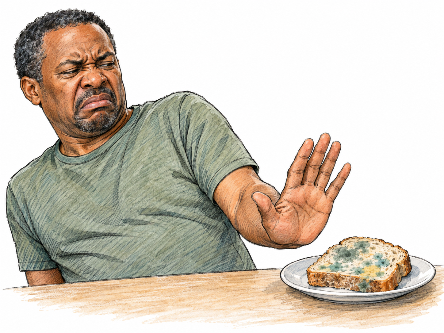 A middle-aged Black man recoils sharply from a small plate of visibly moldy food, turning his face away with a wrinkled nose and raising one open hand in rejection.