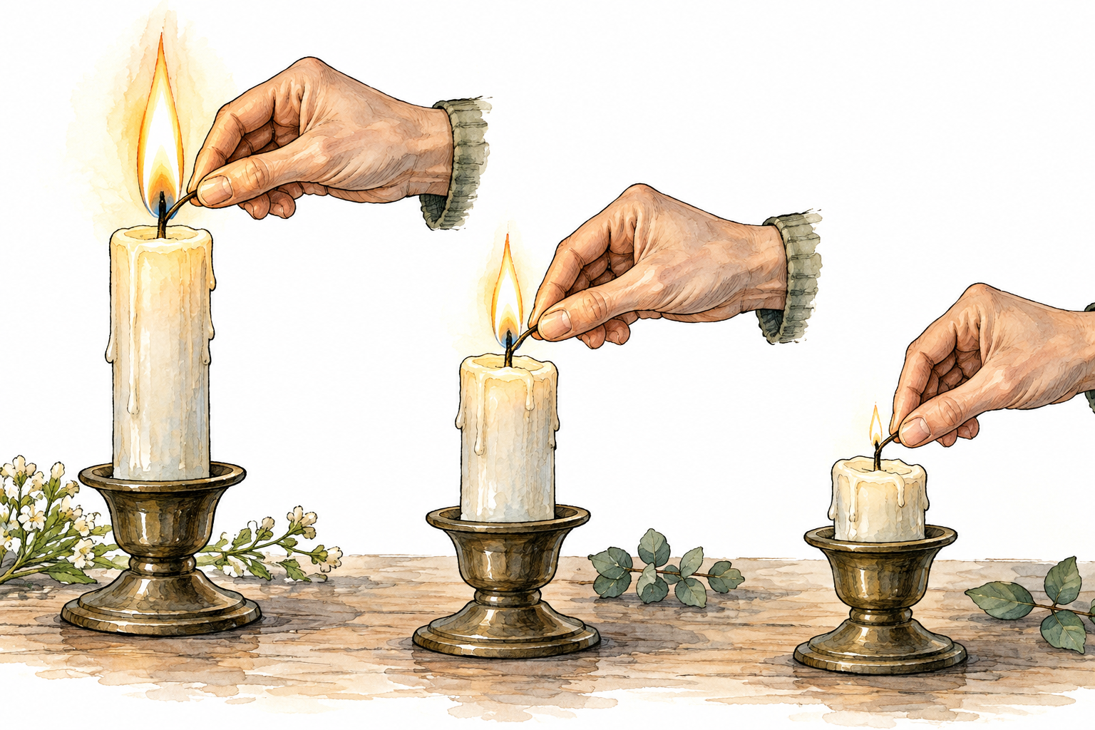 Three candle flames decrease from bright tall to medium to tiny as a hand lowers wick, simple diminishing sequence.