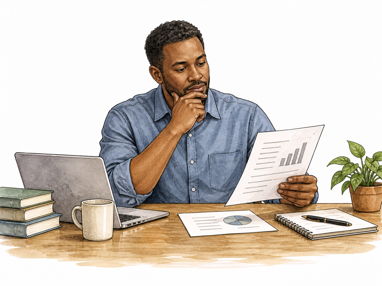 A Black adult calmly compares evidence and makes a practical balanced decision at a desk.