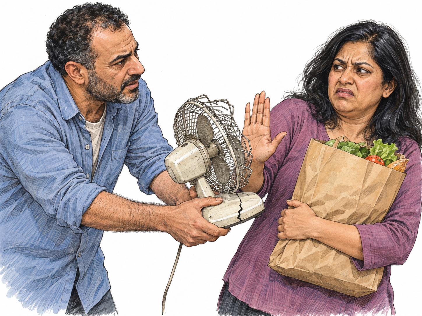 A man insistently pushes a visibly broken desk fan into a woman's occupied arms while she leans away and raises a palm in refusal.