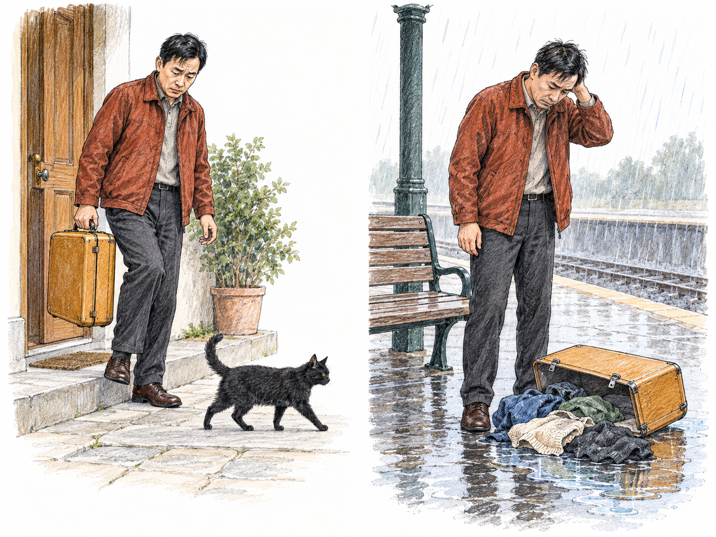A traveler reads a black cat crossing his departure path as a bad omen; a compact two-scene sequence connects his apprehensive reaction with later, unrelated travel misfortune.