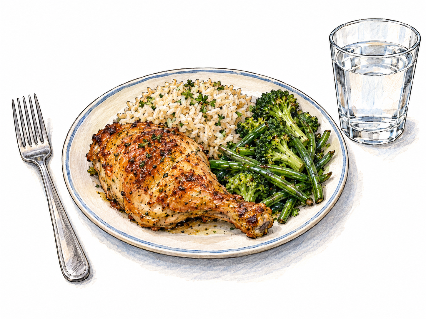 A single place setting with a complete, ready-to-eat dinner: roasted chicken, rice, and green vegetables on one plate, with a fork and a glass of water.