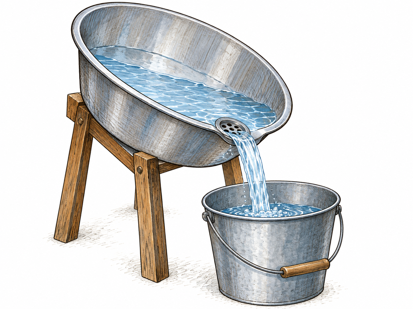 Water leaves a tilted basin through its open drain into a container, visibly lowering the basin level; no plumbing instructions.