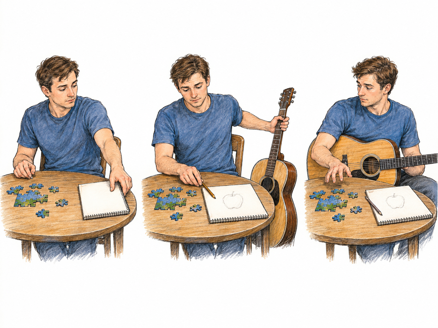 A three-beat sequence shows one young man repeatedly abandoning a barely started activity for another: a jigsaw puzzle, a pencil sketch, then a guitar.