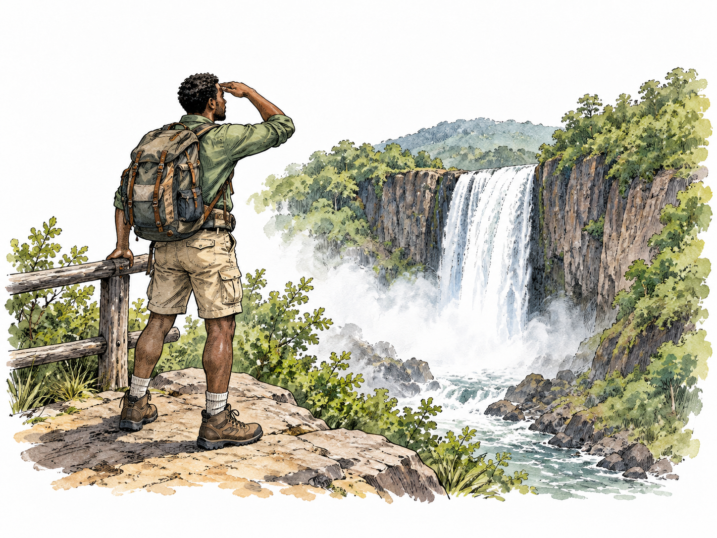 A Black traveler beholds a magnificent waterfall from a safe viewpoint, attentive wonder.